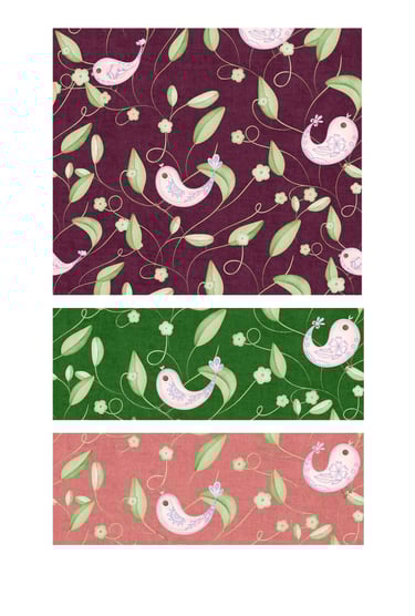 Surface pattern designs on paisley shaped birds perched on branches for wallpaper, fabric and home decor.
