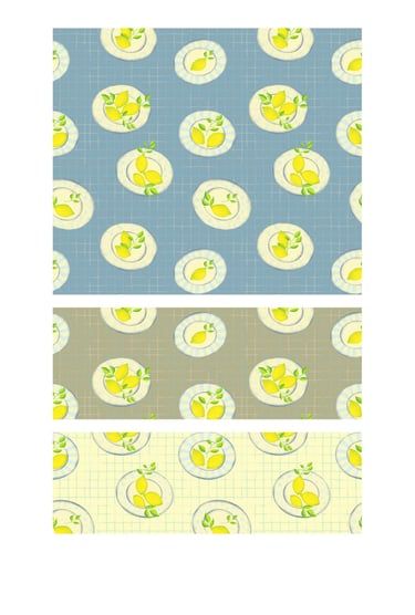 Lemons on plates seamless pattern designs for wallpaper, fabric, home decor and art licensing.