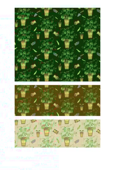 Potted green peas and gardening tools seamless patterns for wallpaper, fabric, home decor and art licensing.