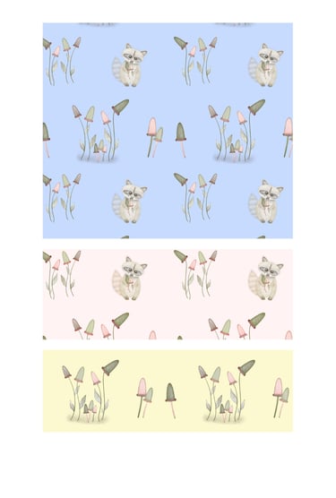 Cute illustrated raccoons and long mushrooms illustration on seamless surface patterns for wallpaper, fabric and home decor.