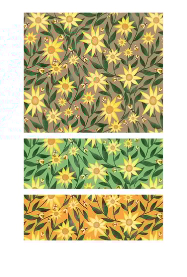 Sunflowers and bees seamless surface patterns for wallpaper, fabric, home decor and art licensing.