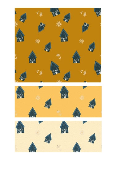 Tossed cottage houses on dotted background surface patterns for wallpaper, fabric and home decor.