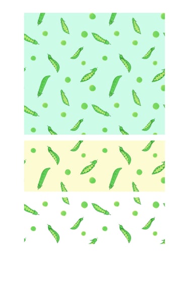 Tossed green pea pods surface patterns for wallpaper, fabric, home decor and art licensing.