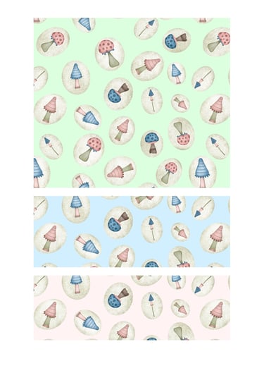 Tossed whimsical mushrooms in pastel colours surface patterns for wallpaper, fabric and home decor.