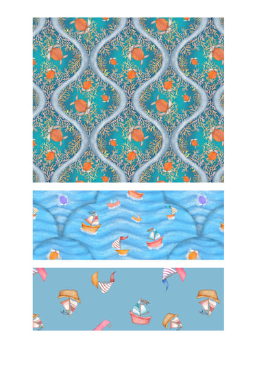 Turtles, ocean coral reels and boats seamless patterns for wallpaper, fabric and home decor.