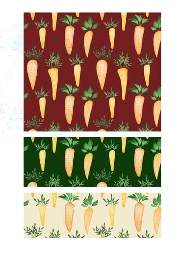 Whimsical carrot seamless surface patterns for wallpaper, fabric, home decor and art licensing.