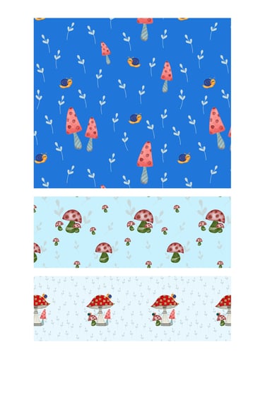 Whimsical mushrooms and cute snails illustration in seamless surface patterns for wallpaper, fabric and home decor.