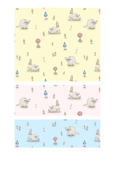 Seamless surface patterns of cute raccoons and mushrooms for wallpaper, fabric and home decor.
