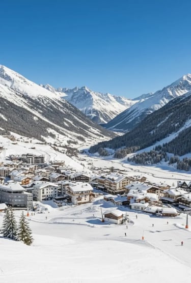 Panoramic view of a picturesque mountain village nestled in a snowy valley, surrounded by towering,