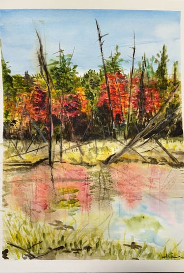 a painting of a pond with trees and water