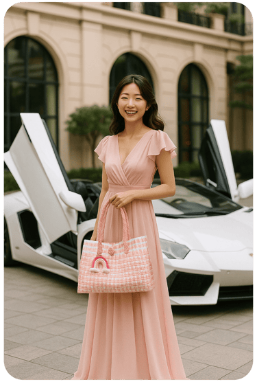 Woman carrying a pink handwoven tote bag handmade from recycled plastic by Craftvitas Indonesia