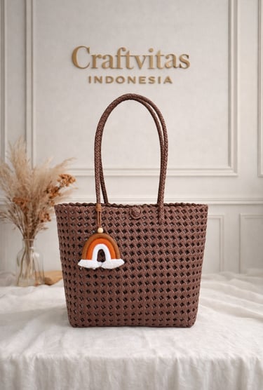 Brown handmade woven plastic tote bag Sekar series with charm detail, eco friendly fashion bag