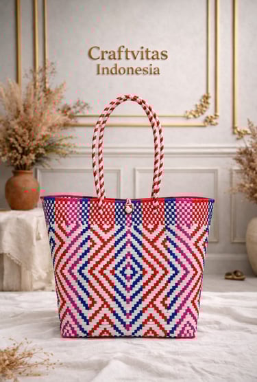 Tas anyaman plastik handmade warna merah biru putih motif diamond etnik dari Craftvitas Indonesia