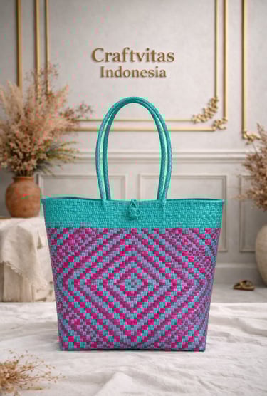 Handwoven plastic tote bag with large Indonesian batik diamond pattern in teal and pink
