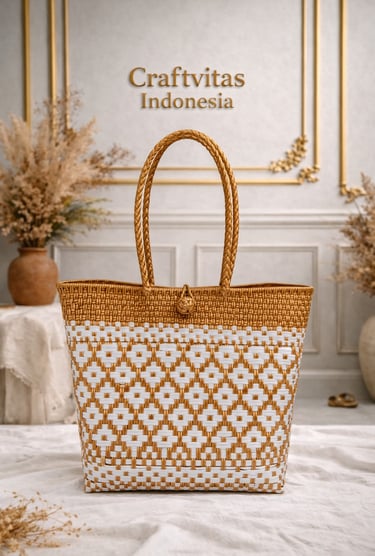 Tas anyaman plastik handmade warna emas dan putih motif kotak klasik dari Craftvitas Indonesia