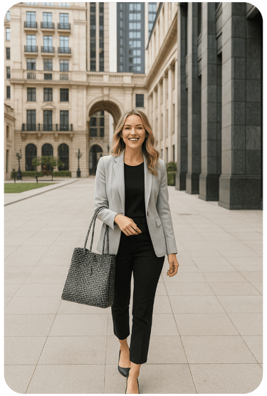 Professional woman carrying a black handmade handwoven tote bag for work