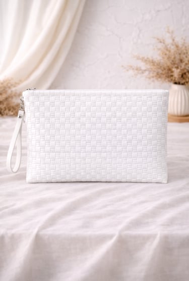 Solid white woven plastic clutch bag handmade eco friendly fashion
