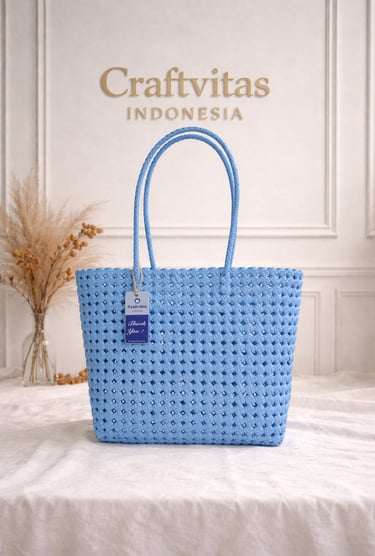 Baby blue handmade woven plastic tote bag Sekar series, recycled plastic artisan bag