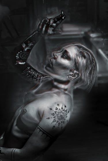 a woman with tattoos on her chest and arm
