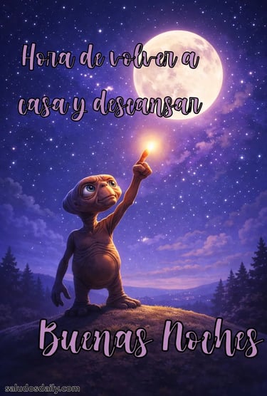 Ilustración caricaturesca de una pequeña criatura extraterrestre mirando la luna y las estrellas