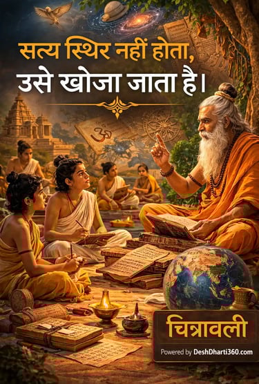 वेद से दर्शन तक भारतीय ज्ञान परंपरा का प्रतीकात्मक चित्र जहाँ गुरुकुल में ऋषि शिष्यों को ज्ञान और प्रश्न की परंपरा सिखाते हुए