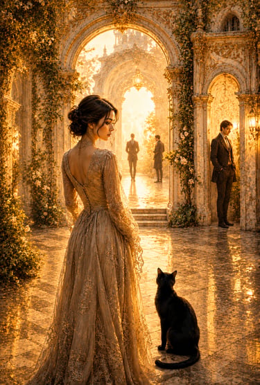 elegant woman in a golden rocoso garden with arches and men nearby. Black cat to her right