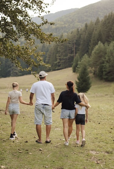 Family of four walking away to the woods