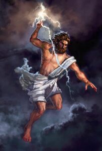 Zeus dans le ciel maniant la foudre