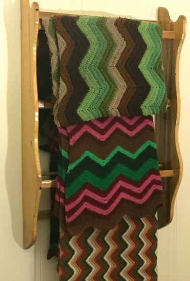 Blanket/Quilt Ladder with Hand Crocheted Afghans.