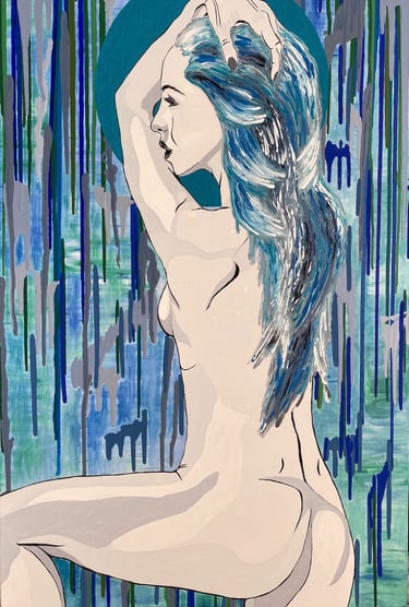  Femme nue debout, vue de trois quarts dos en plan américain, la tête de profil tournée à gauche. 