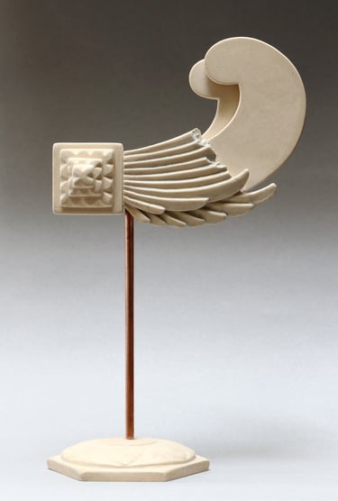 Very small ceramic sculpture variation of fragmented, reconstructed Greek Archaic-style wing.