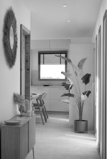 a black and white photo of a dining room