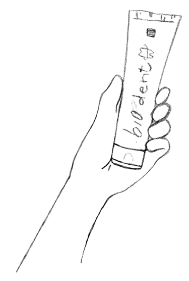 Schets van hand die tube tandpasta laat zien