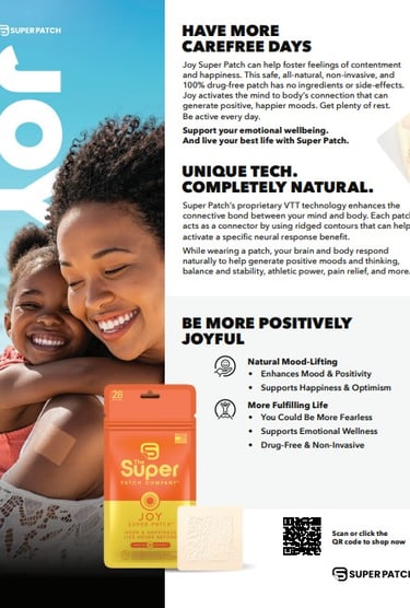 Super Patch Joy lifestyle photo – happy woman wearing mood wellness patch