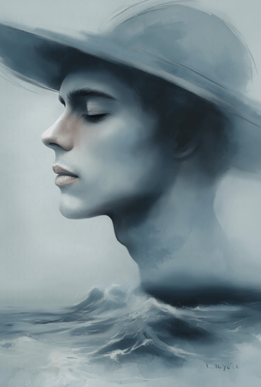 a man in a hat over waves