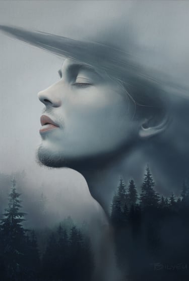 a man with a hat on a foggy day