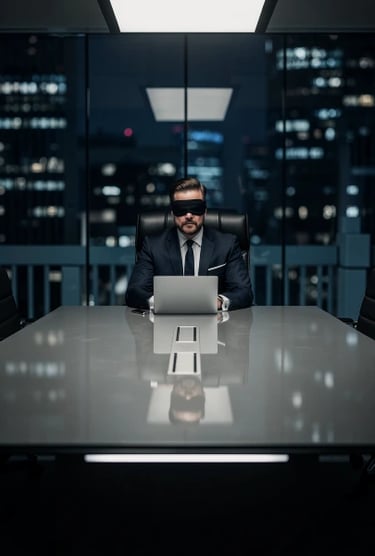 Business leader in a boardroom wearing a blindfold, symbolising blind spots in organisational decision-making