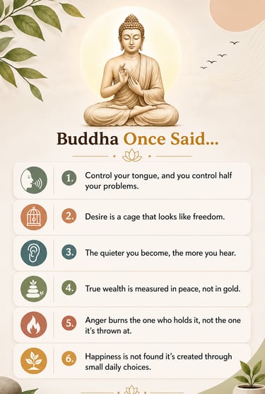 Inspirational Buddha quotes infographic featuring a meditating Gautama Buddha and six life lessons for mindfulness.