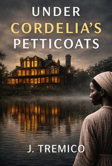 Book cover for Under Cordelia's Petticoats featuring a glowing manor reflected in a misty lake.