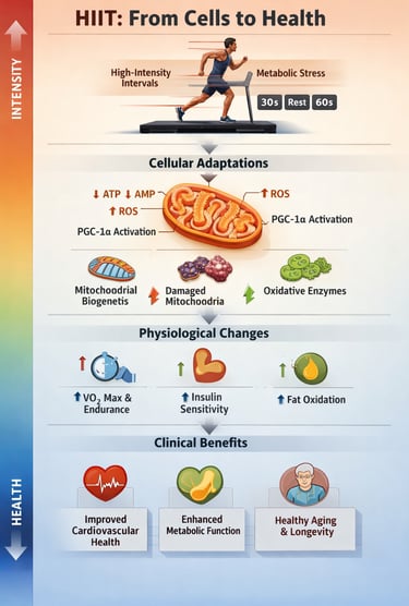 Diagram illustrating HIIT physiology, including mitochondria, oxygen delivery, and the three energy 