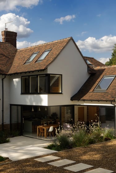 Home extension which sits well with the existing building. High quality materials and setting. 