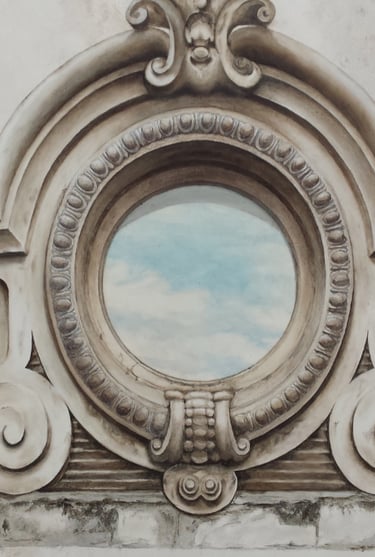 Oeil de boeuf en trompe-l'oeil peint, avec le reflet d'un ciel