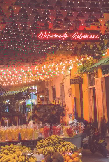 Fruit and lights at night in Cartagena