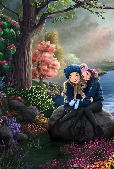 Two girls sisters cozy hats sit on rock illustration vibrant autumn flowers trees artwork