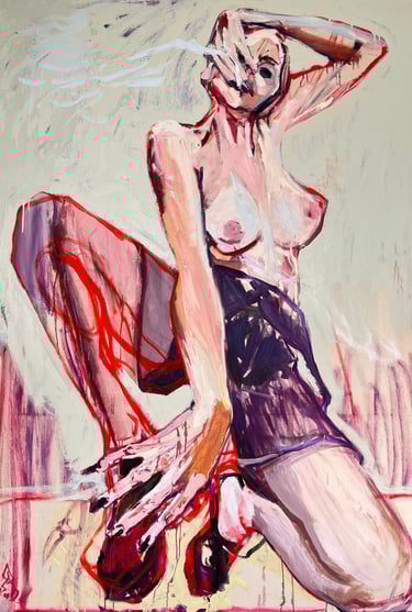 a painting of a woman with a skateboard