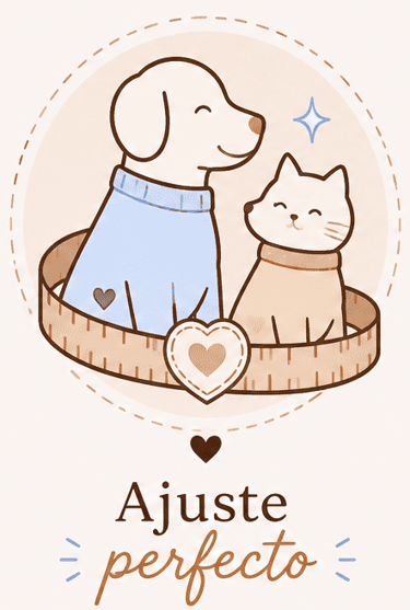 Ilustración de un perro y un gato con suéteres dentro de una cinta métrica para un ajuste perfecto.