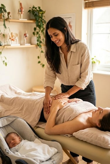 Soin ostéopathie post-partum pour accompagner la jeune maman et le bébé.