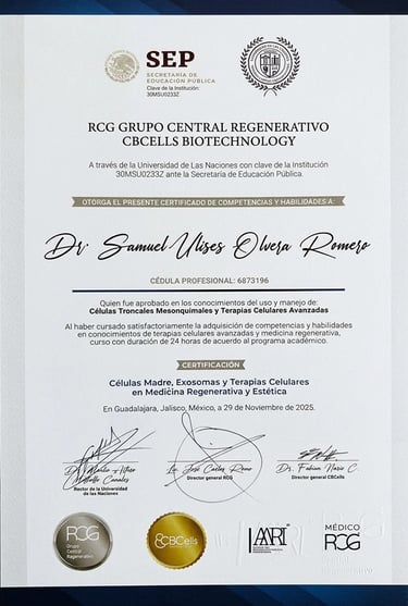 Doctors certification of regenerative medicine Dr. Samuel Olvera
