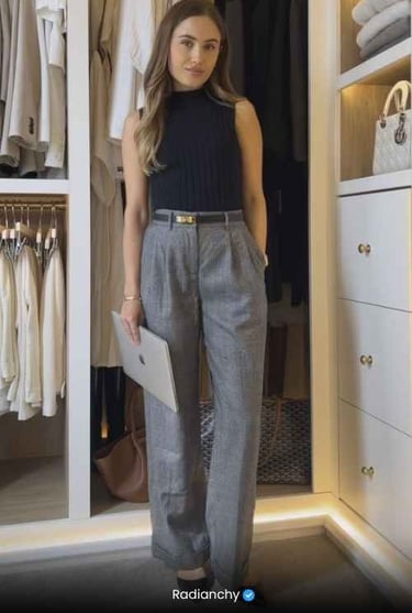 a woman standing in a closet with a laptop