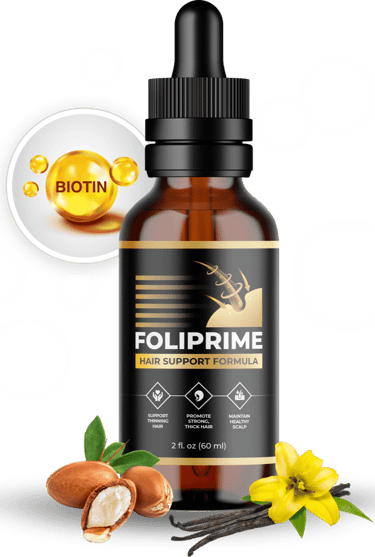 Foliprime hair support formula dropper bottle with biotin, argan oil, and vanilla for hair growth.